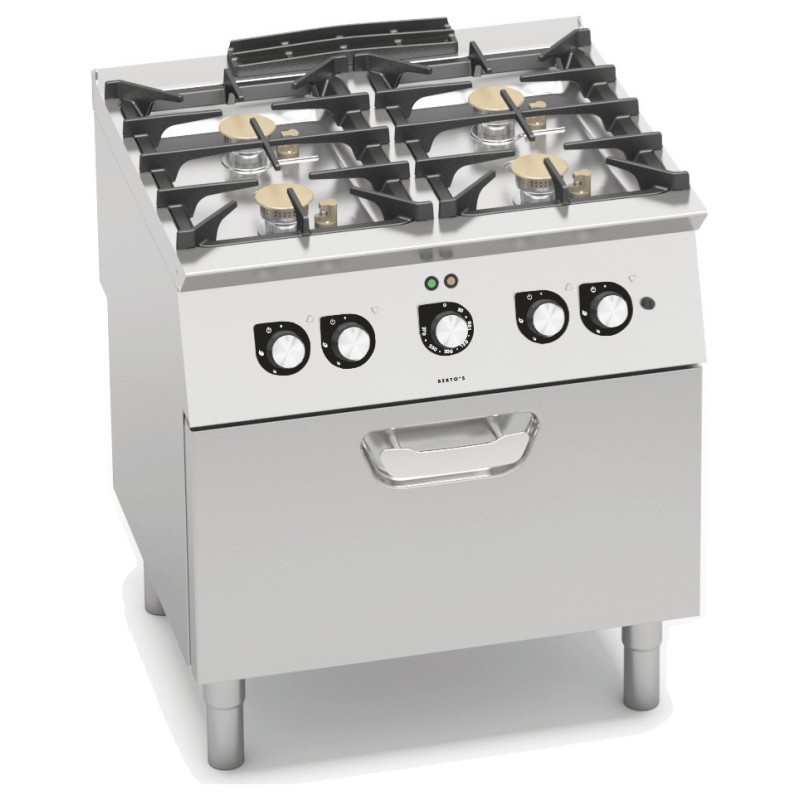 Cocina a gas industrial 4 fuegos con horno de convección GN 1/1 y fondo de agua Berto's S700