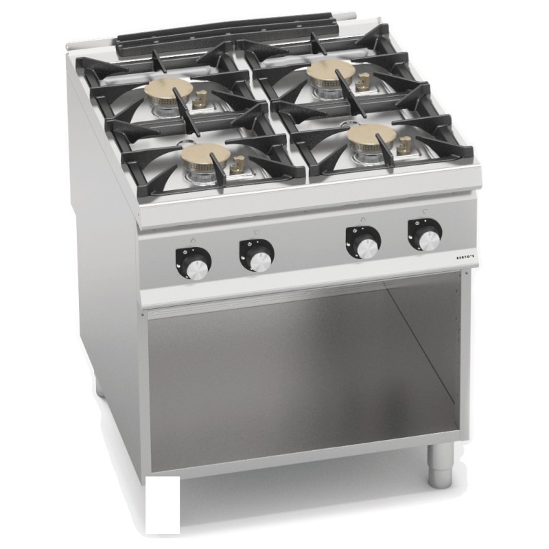 Cocina a gas industrial 4 fuegos Max Power sobre mueble y fondo de agua Berto's S900