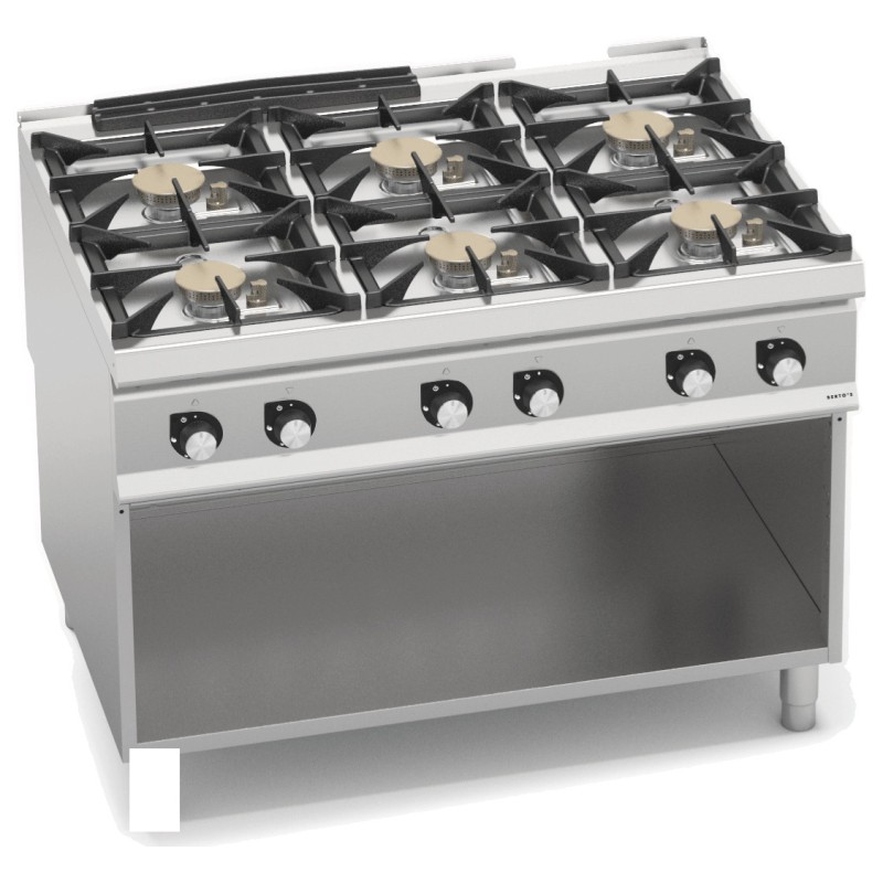 Cocina a gas industrial 6 fuegos Max Power sobre mueble y fondo de agua Berto's S900
