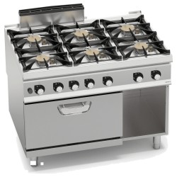 Cocina a gas industrial 6 fuegos Max Power con horno a gas GN 2/1 y fondo de agua Berto's S900