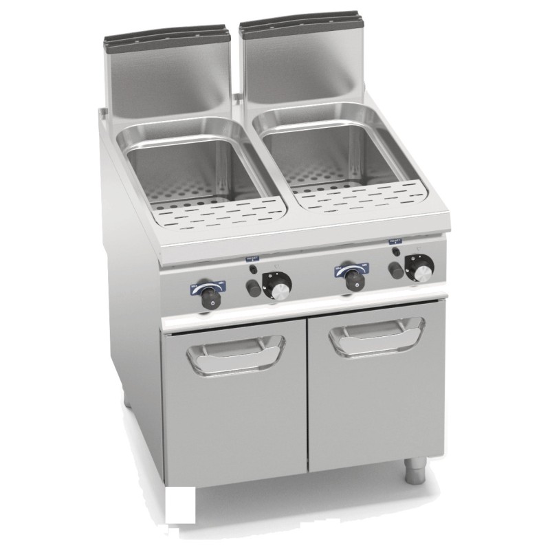 Cuece pastas a gas industrial 2 cubas 40+40 litros sobre mueble Berto's S900