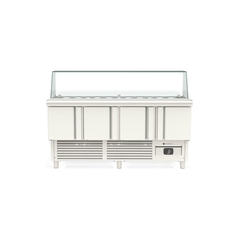 Mesa fría para kebab compacta MFK-180 con cúpula de cristal y 4 puertas