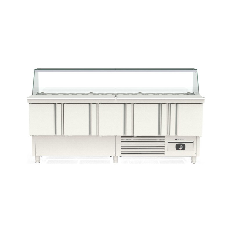 Mesa fría para kebab compacta MFK-220 con cúpula de cristal y 5 puertas