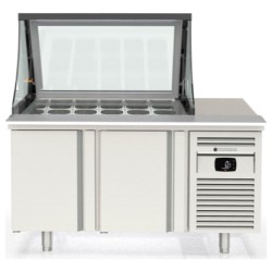 Mesa de preparación refrigerada PC80-150-15-LGL con tapa de cristal elevable para 15 cubetas GN 1/6