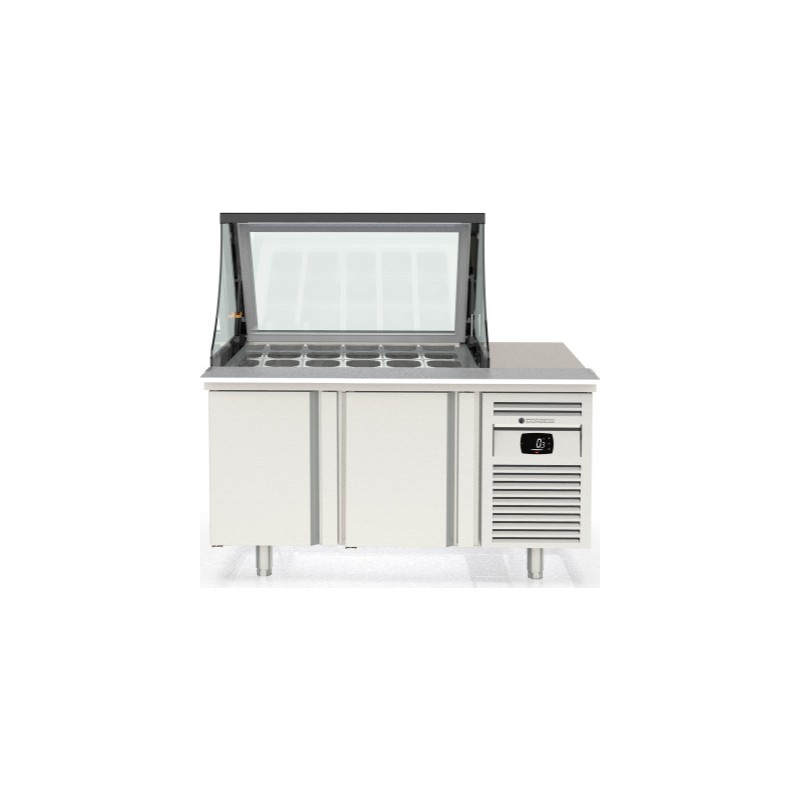 Mesa de preparación refrigerada PC80-150-15-LGL con tapa de cristal elevable para 15 cubetas GN 1/6