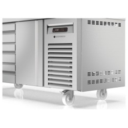 Mesa de preparación refrigerada PC80-150-15-LGL con tapa de cristal elevable para 15 cubetas GN 1/6