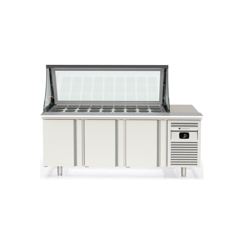 Mesa de preparación refrigerada PC80-200-27-LGL con tapa de cristal elevable para 27 cubetas GN 1/6