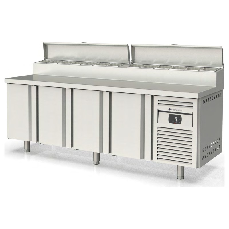 Mesa fría Salad Chef MFEI70-225-1/6 con expositor para 13 cubetas GN 1/6 y 4 puertas