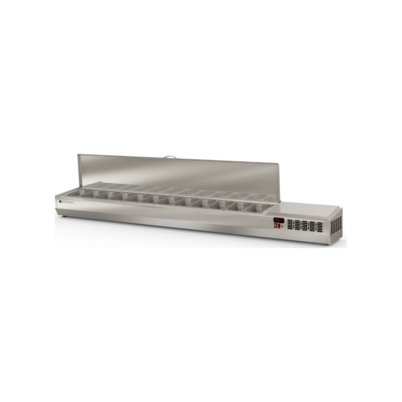 Expositor refrigerado de ingredientes EI-1/4-250-T para 12 cubetas GN 1/4 con tapa inox abatible