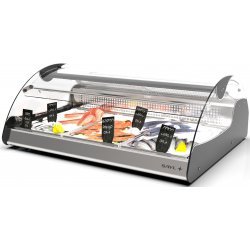 Vitrina refrigerada VX3-N negra para carnes y pescados, doble zona, cristal curvo templado y puertas correderas
